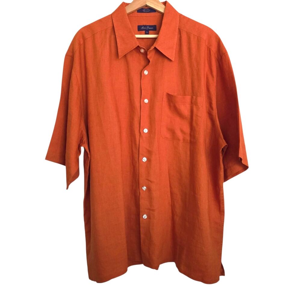 Alan Flusser 100% Linen Short Sleeve Deep Autumn Orange Button Up Shirt XXL